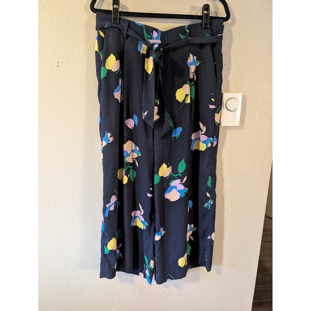 Halogen Women's Medium Navy Floral Wide Leg Pants Tie Waist High Rise